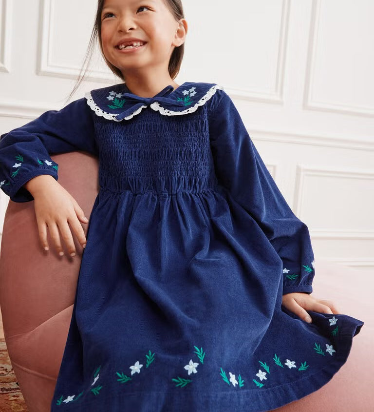 Balloon Sleeve Collared Corduroy Dress with Pockets