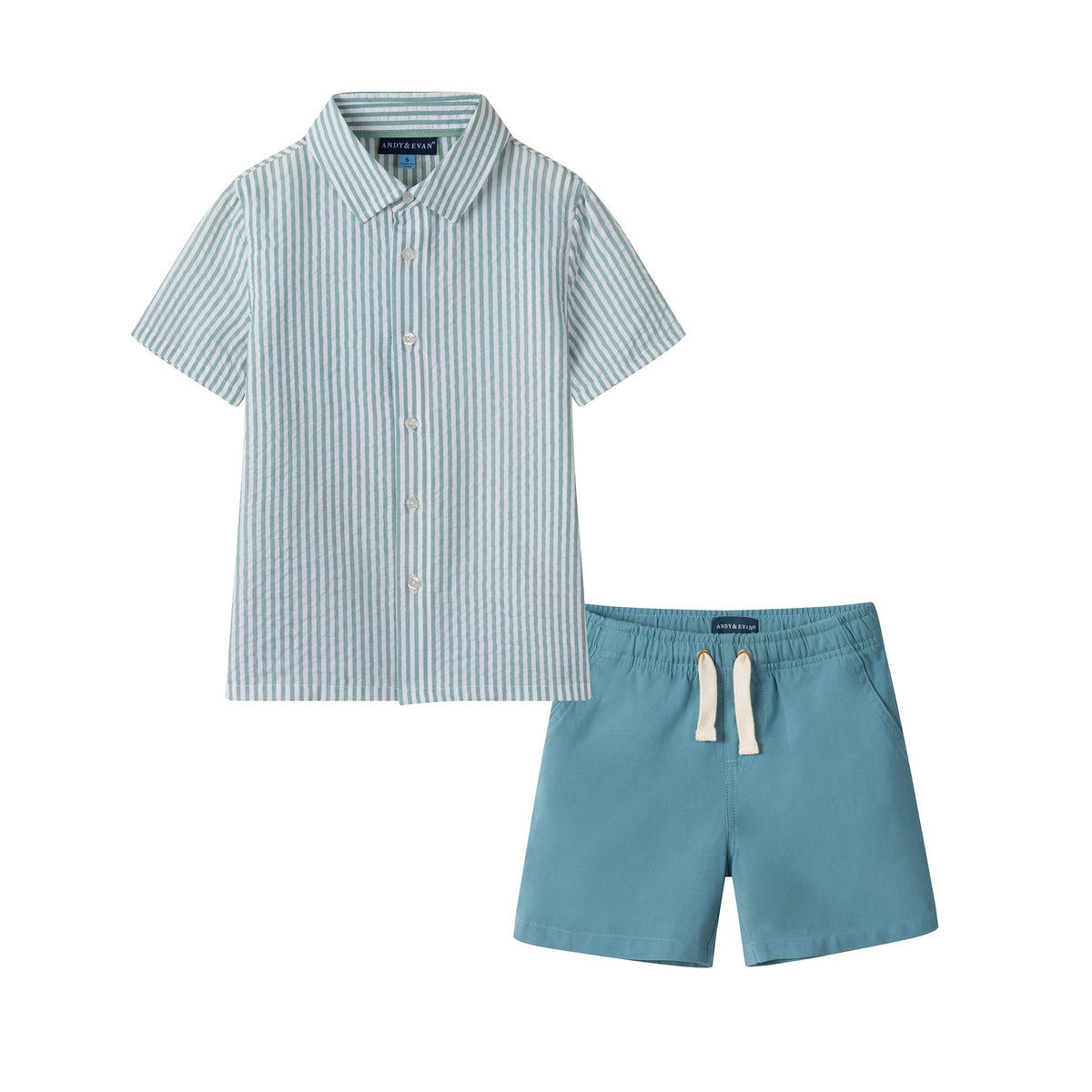 Buttondown and Linen Shorts Set - Teal Stripe front