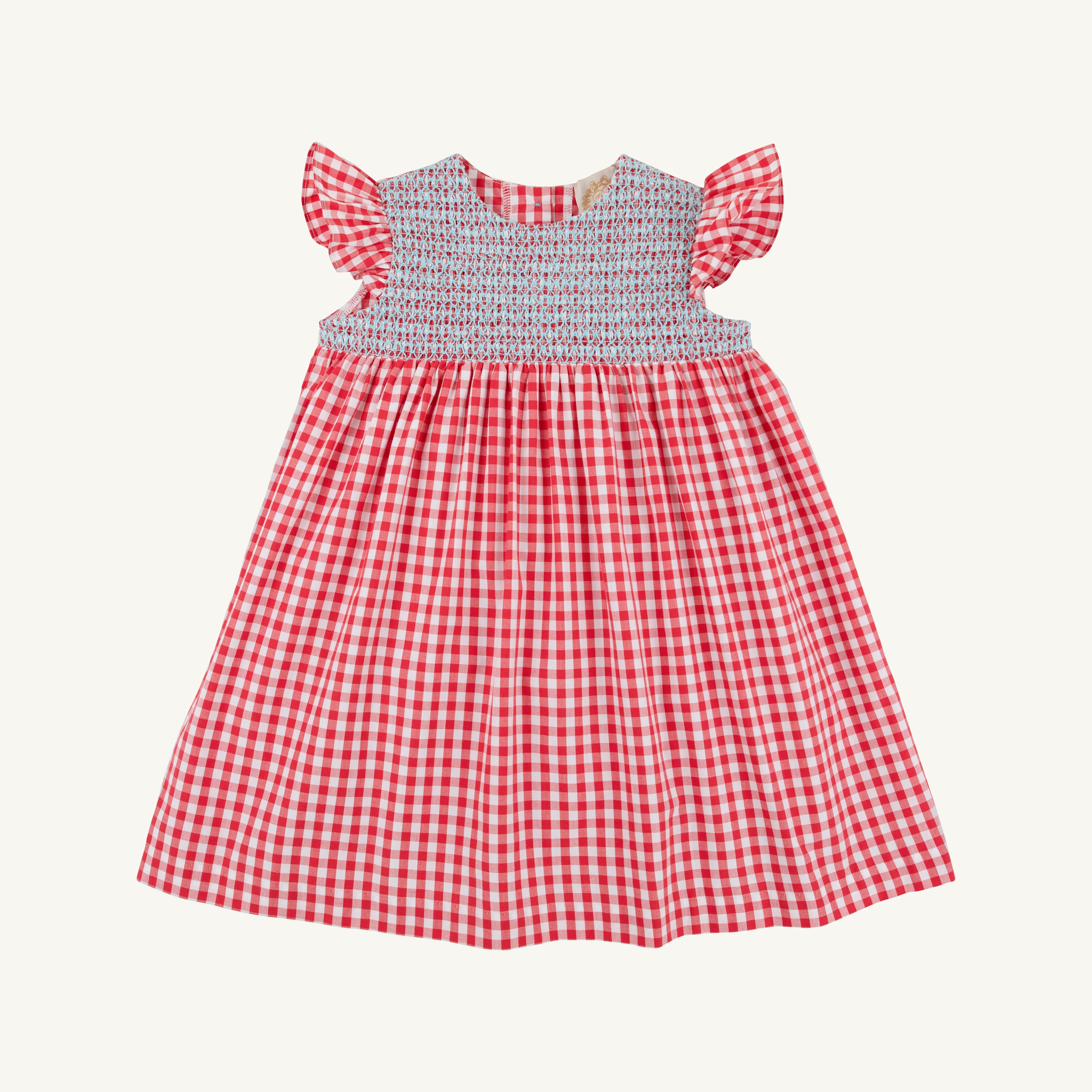Angel Sleeve Daphne Bell Dress - Richmond Red Gingham with Belhaven Blue flat lay