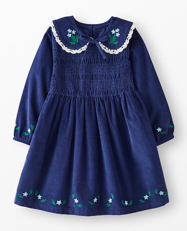 Balloon Sleeve Collared Corduroy Dress with Pockets