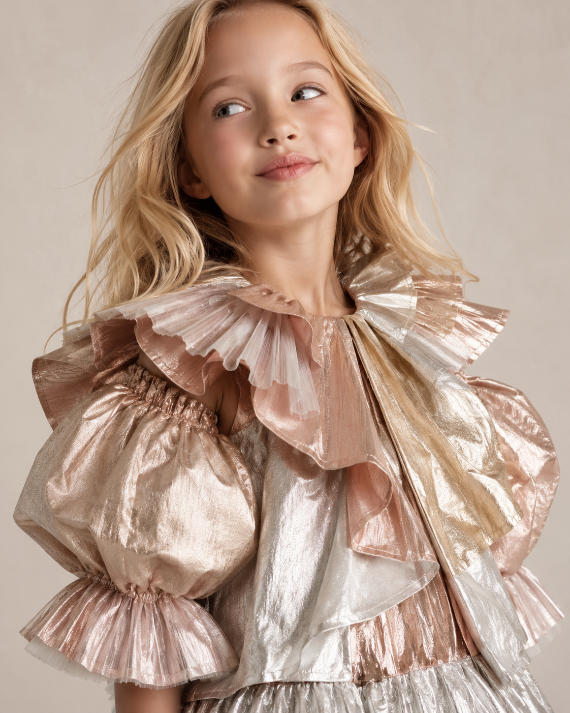 A young blonde girl wearing a shimmering metallic rose gold and silver ruffled blouse, looking off-camera against a neutral beige background.