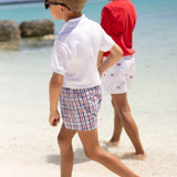 Pierce Mill Plaid Seersucker Sheffield Shorts on boys at beach