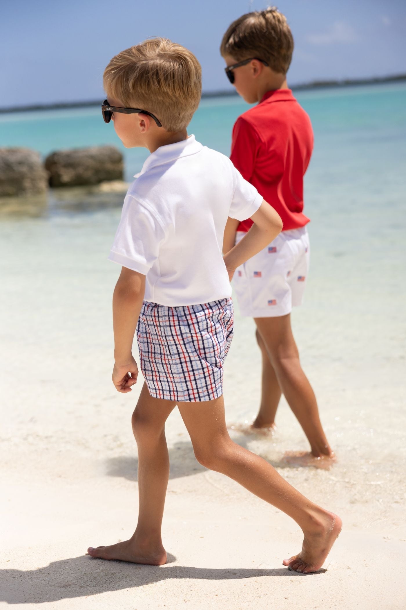 Pierce Mill Plaid Seersucker Sheffield Shorts on boys at beach