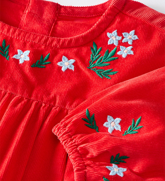 Red Baby Long Sleeve Corduroy Embroidered Dress